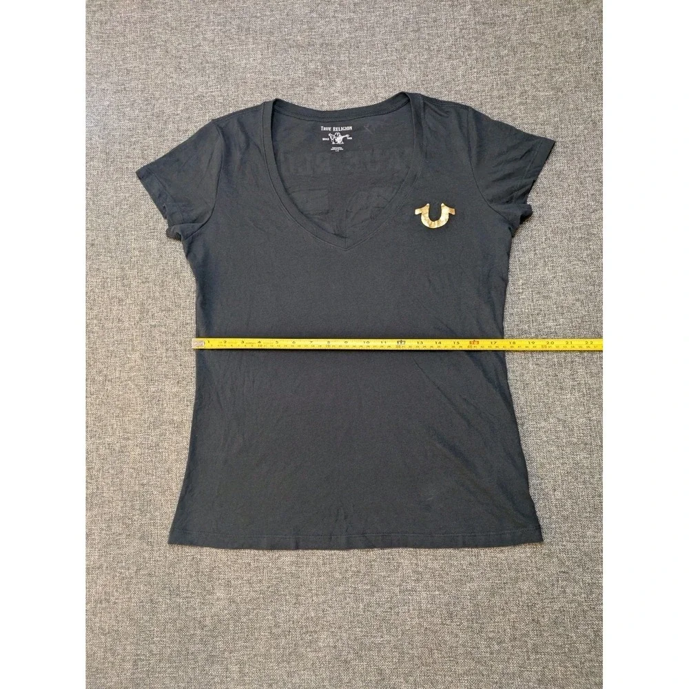 True Religion 02 Brand‎ Jeans Gold Black V-Neck T Shirt Women's LARGE L Top
